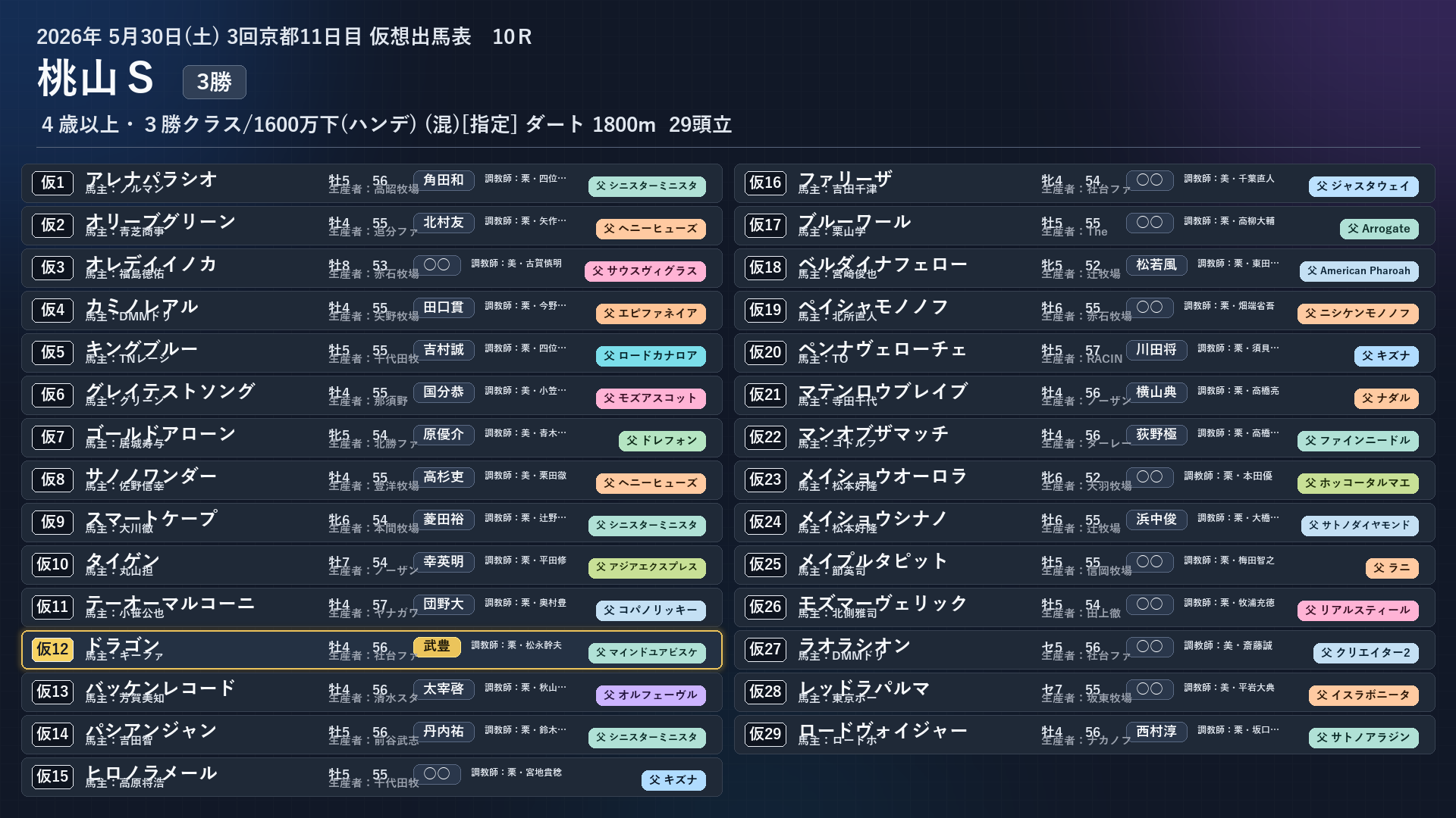 ドラゴン 出馬表 5/30 桃山S