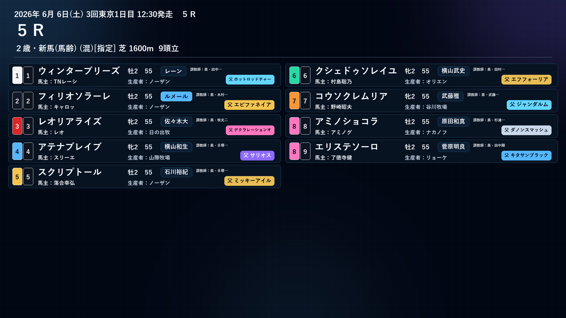 アミノショコラ 出馬表 6/6 東京5R