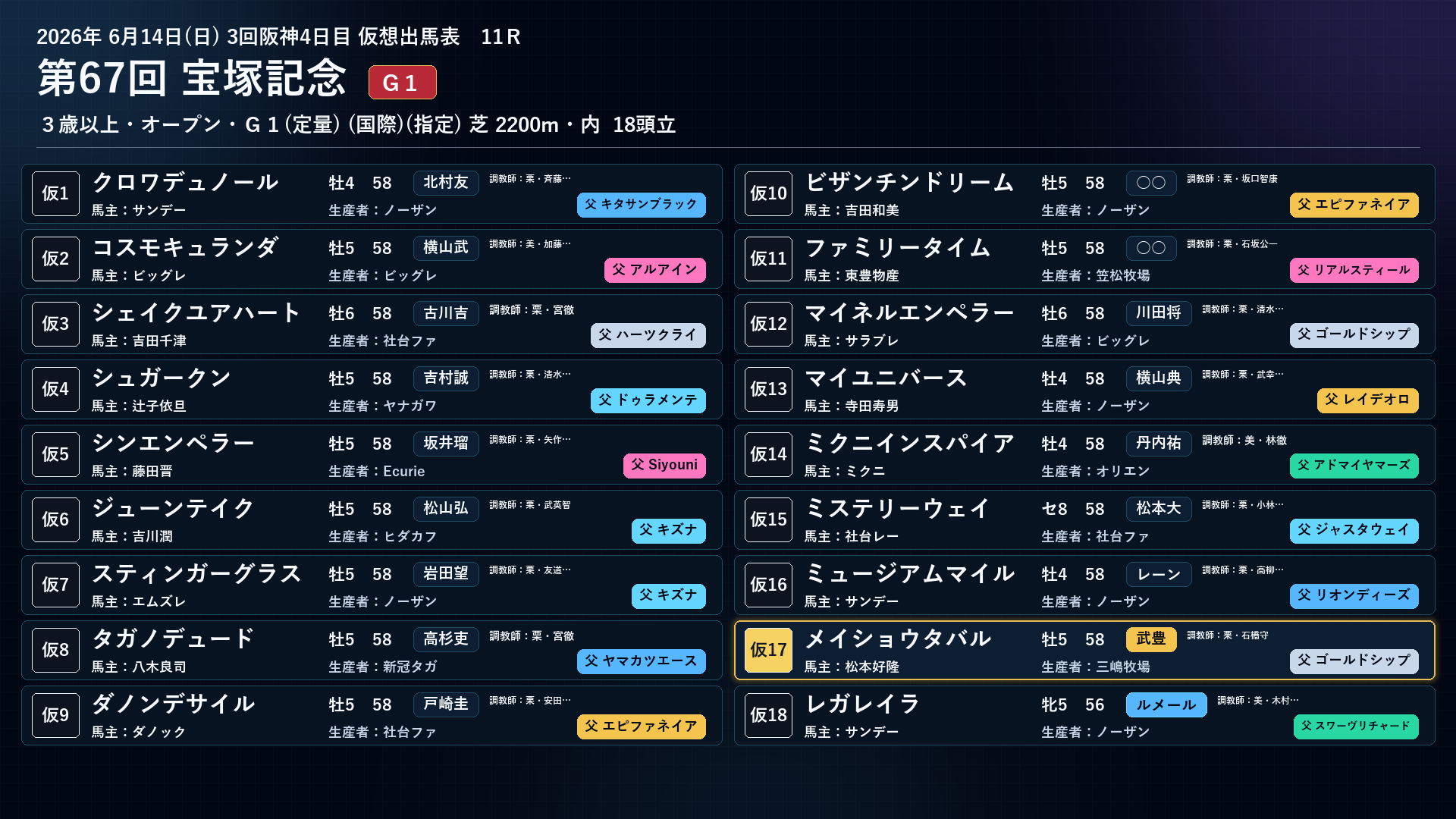 メイショウタバル 出馬表 6/14 宝塚記念
