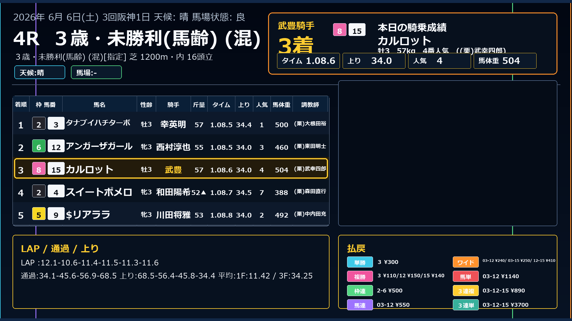 カルロット レース結果 6/6 阪神4R