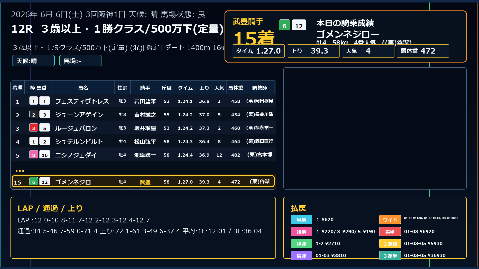ゴメンネジロー レース結果 6/6 阪神12R